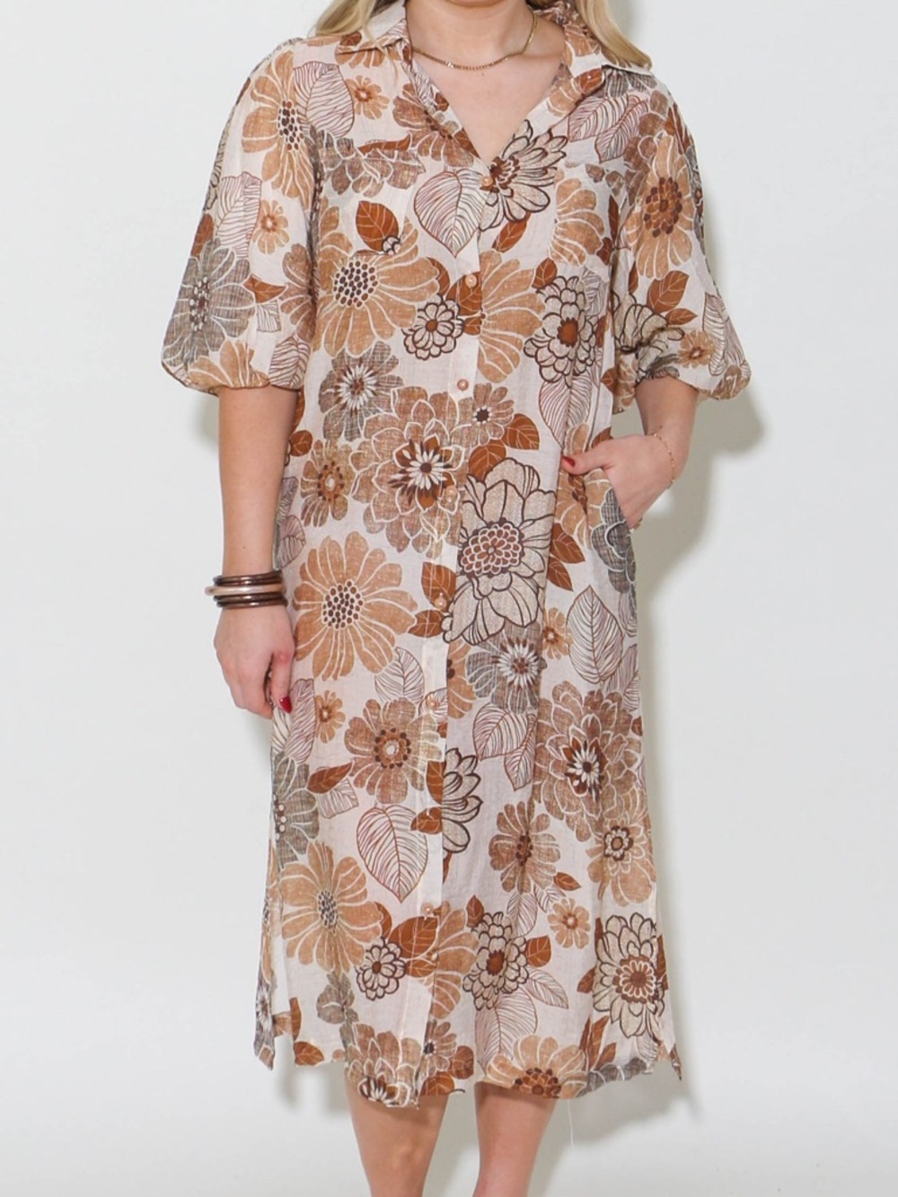 THML Retro Floral Breezy Shirt Dress | Cream & Brown Botanical Print | Size S